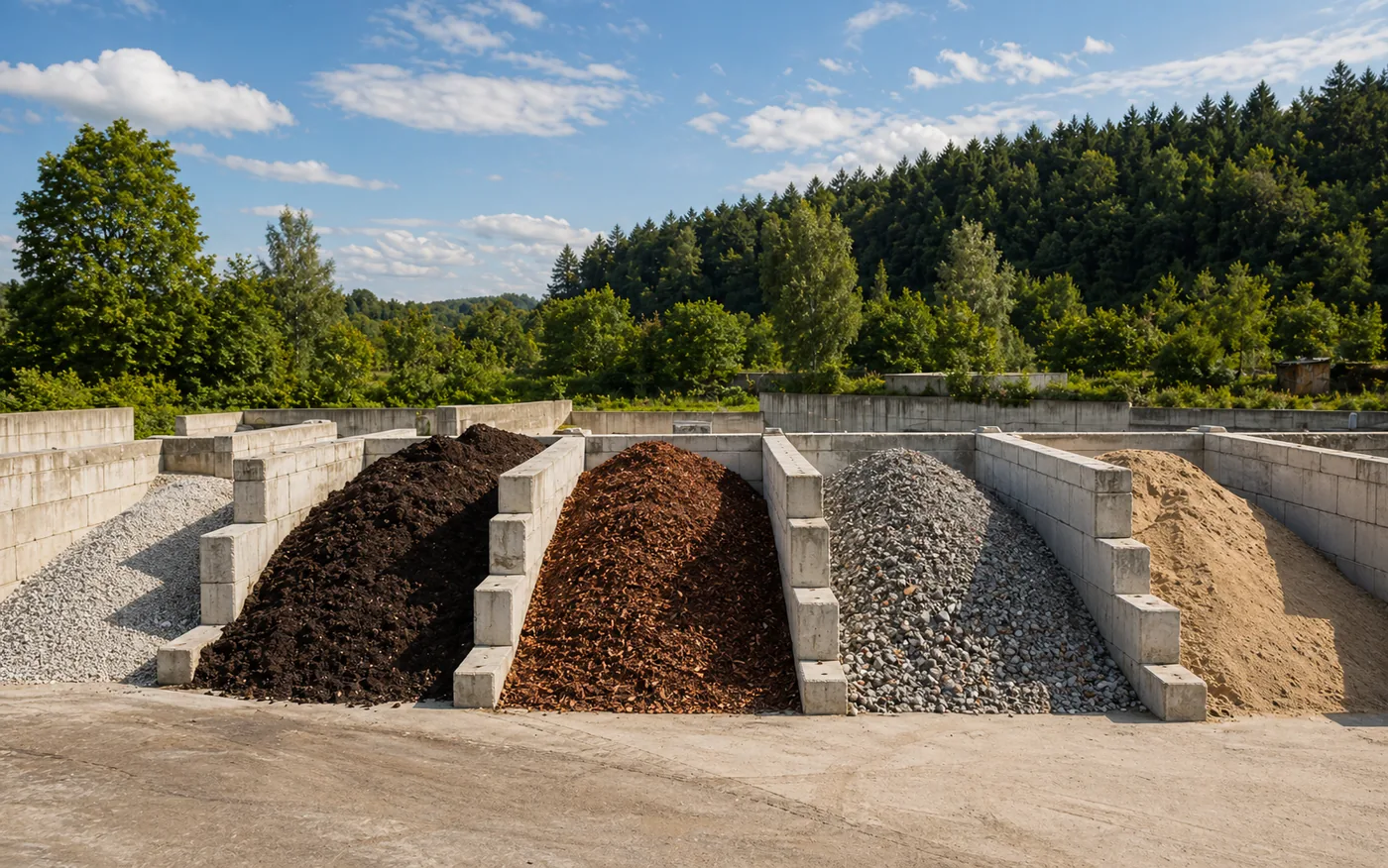 Geordnetes Materialsortiment mit Kies, Erde und Mulch