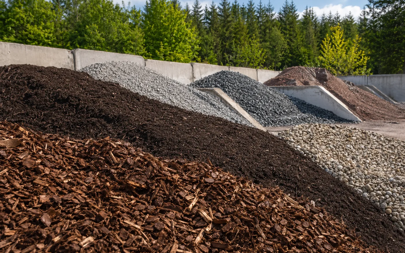 Mulch, Erde, Kies und Recyclingmaterial